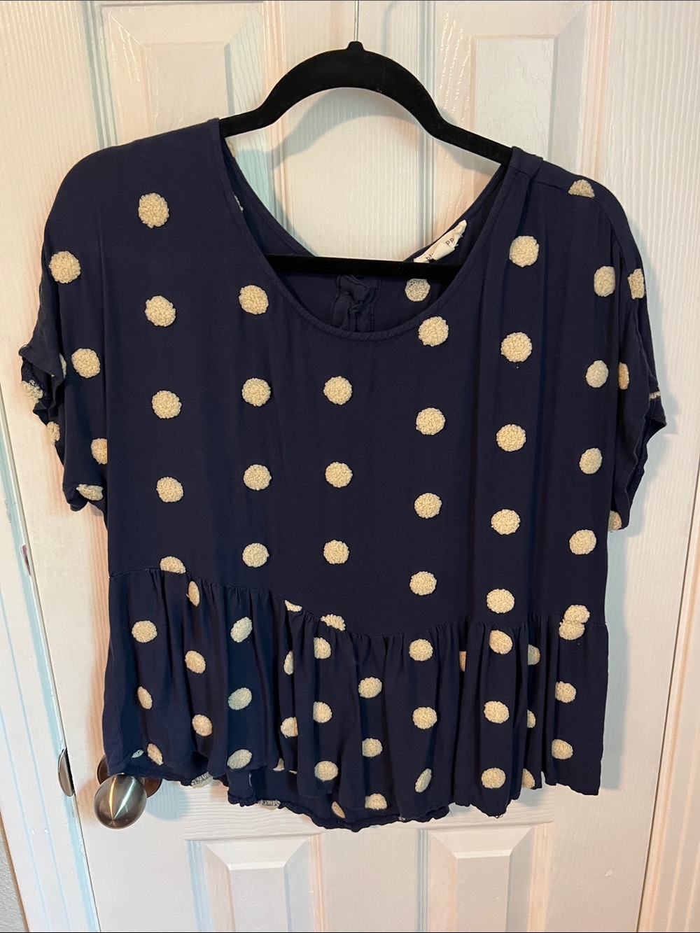 Blu Pepper Navy Peplum Top with Cream Polka Dots